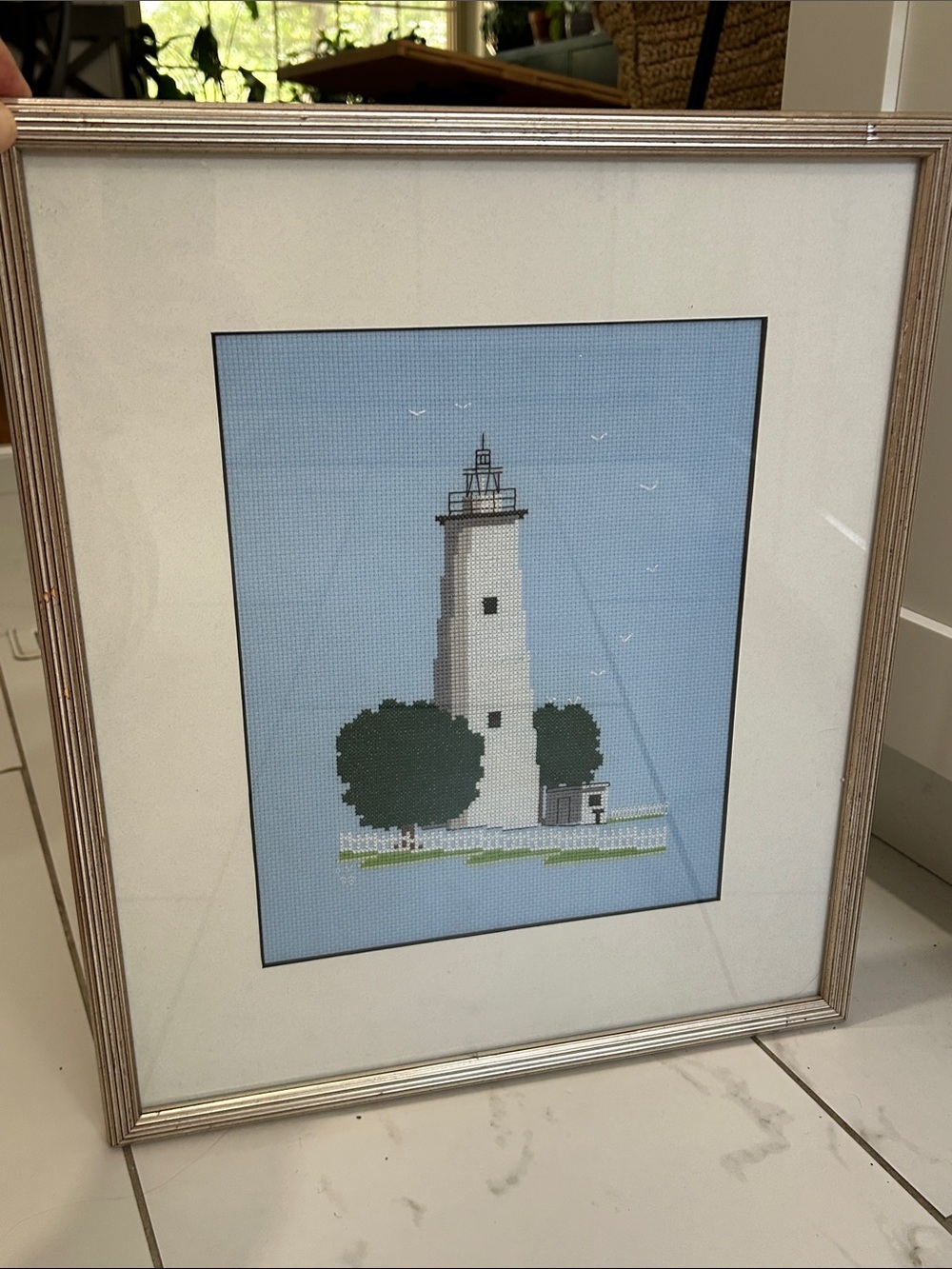 Vintage Okracoke NC Lighthouse Matted Framed Cross Stitch Art Ready To Hang